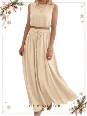 2 Piece Maxi Skirt Set Cotton Sleeveless Crop Top Casual Summer Outfit